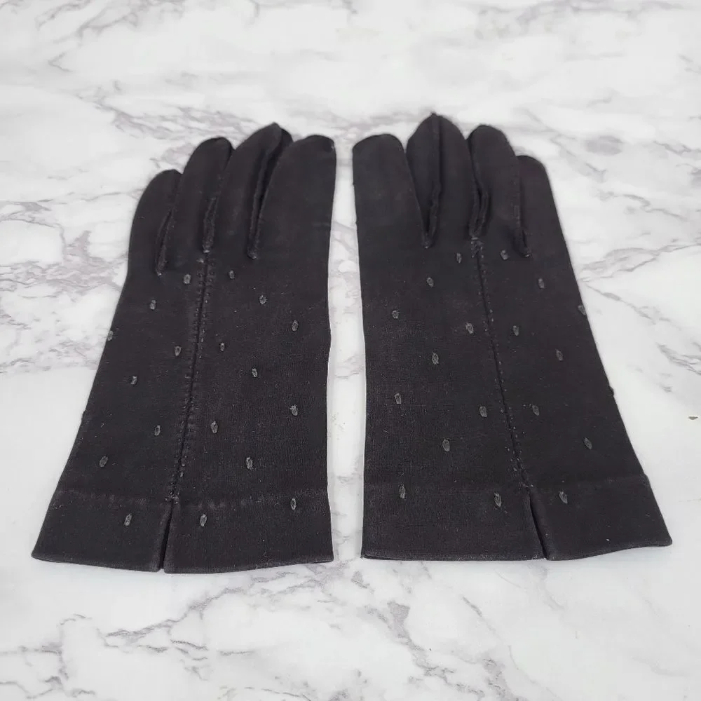 1950s Hand Made Hand Stitched Elegant Black Gloves with Subtle Dot Pattern